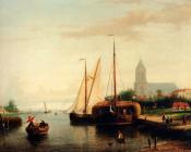 Frederik A Moored Haybarge And Other Shipping By A Bleach Field - 亚伯拉罕·胡克·二世